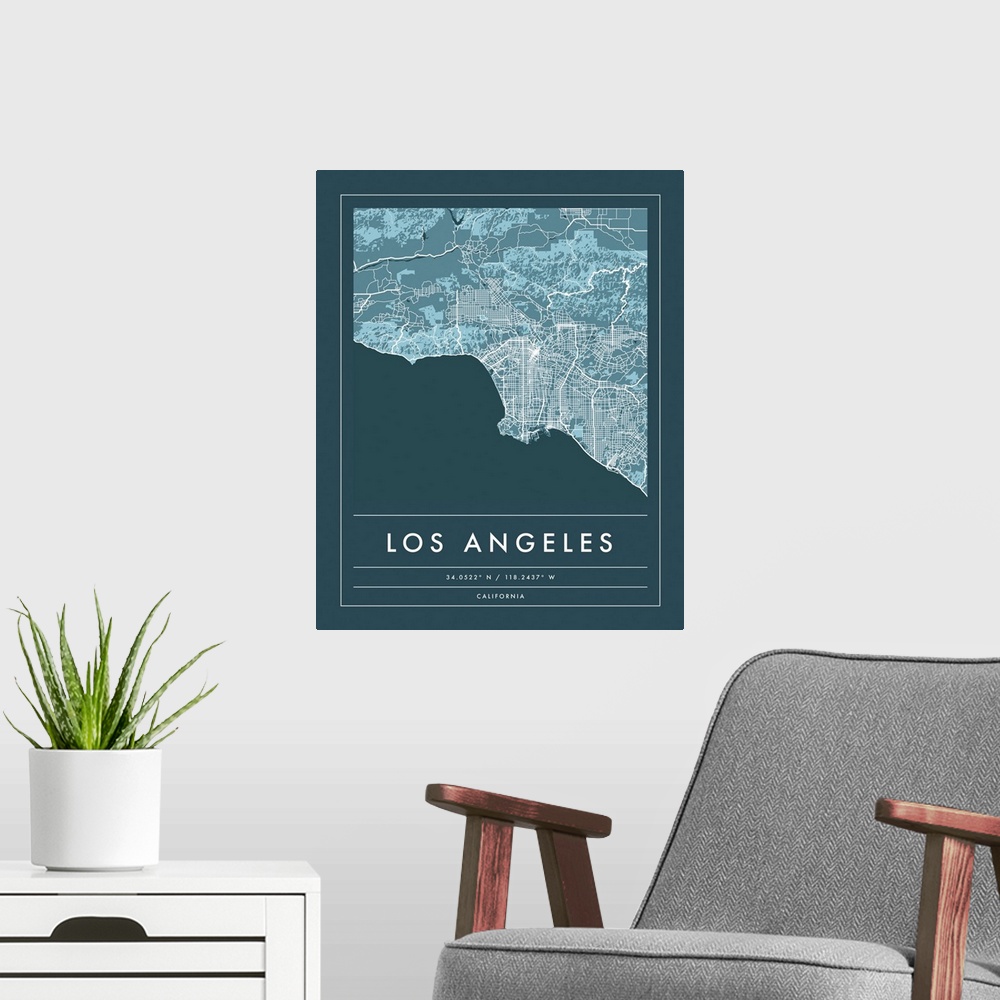 A modern room featuring Navy minimal city map of Los Angeles, California, USA with longitude and latitude coordinates.