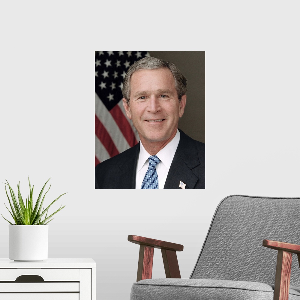 A modern room featuring President Bush poses for his official portrait in the Roosevelt Room, wearing a blue tie. Library...