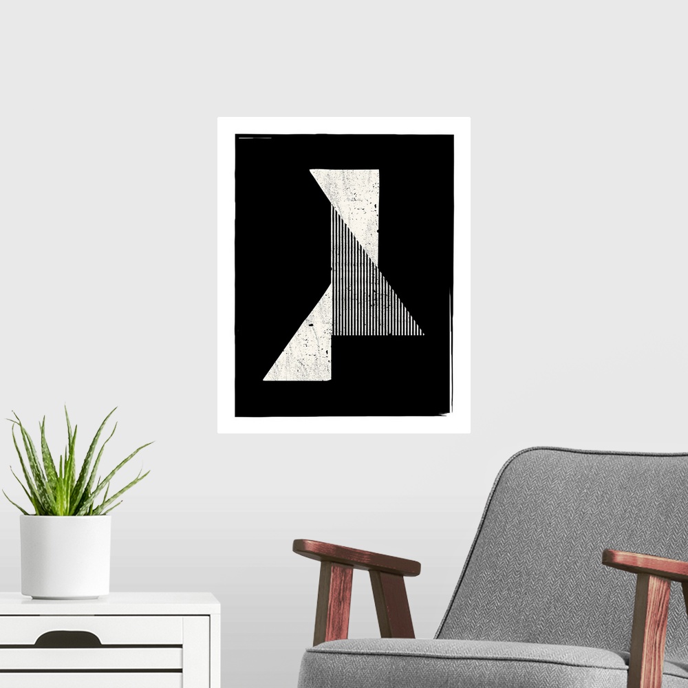 A modern room featuring A simple, geometric, triangular design in a monochrome color scheme.