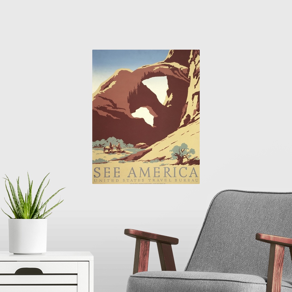 A modern room featuring See America. Poster for the United States Travel Bureau promoting tourism, showing two cowboys on...