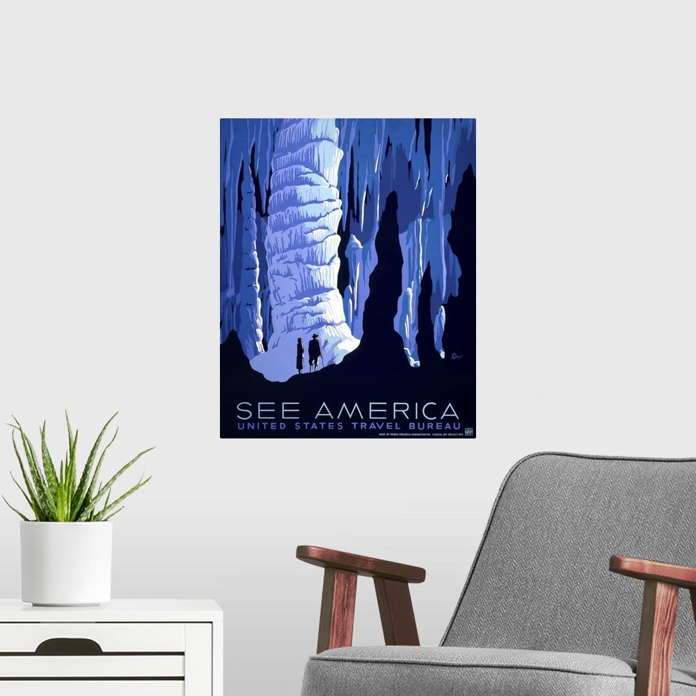 A modern room featuring See America. Poster for the United States Travel Bureau promoting tourism, showing two people in ...