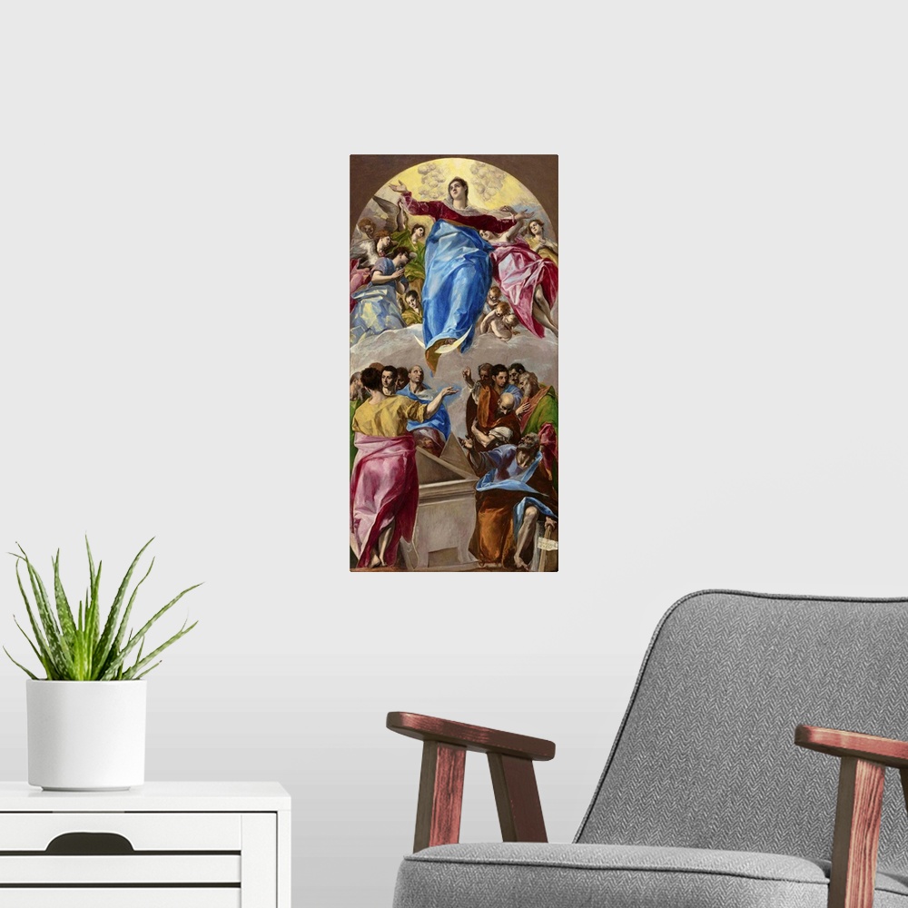 A modern room featuring This painting was the central element of the altarpiece that was El Greco's &#64257;rst major Spa...