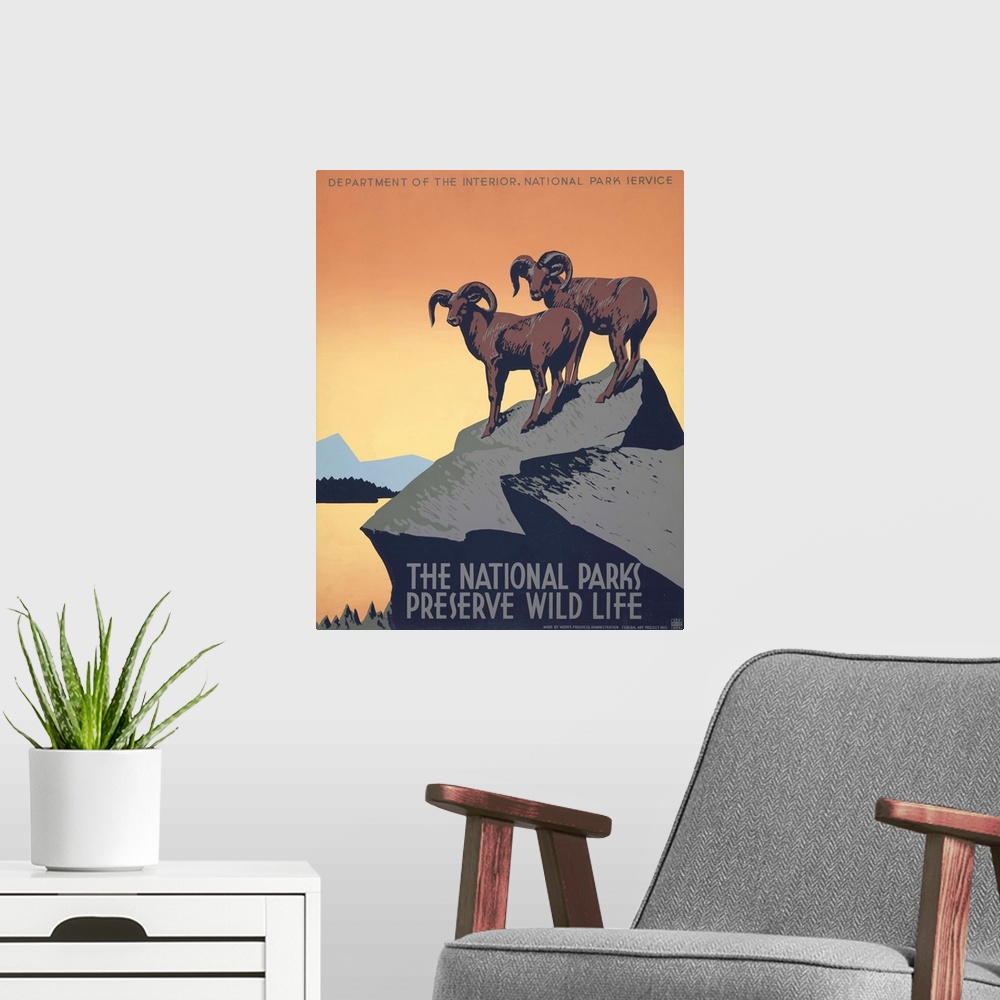 A modern room featuring The national parks preserve wild life. Poster for National Park Service promoting travel to natio...