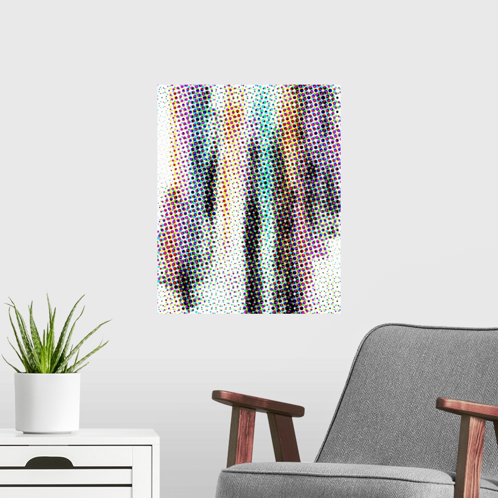 A modern room featuring Complementary abstract in vertical lines of pink, blue, yellow and black with a digital dot overlay.