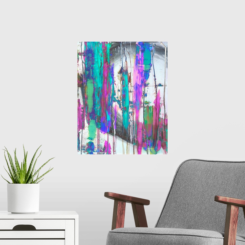 A modern room featuring Contemporary abstract of bold vertical brush strokes in tones of pink, blue and gray.
