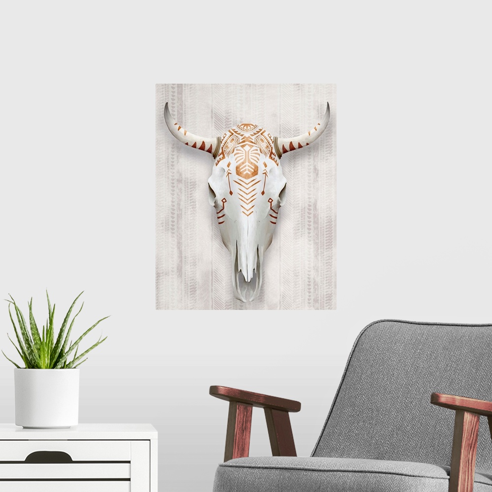 A modern room featuring A white bull's skull painted with copper-colored tribal patterns and symbols.