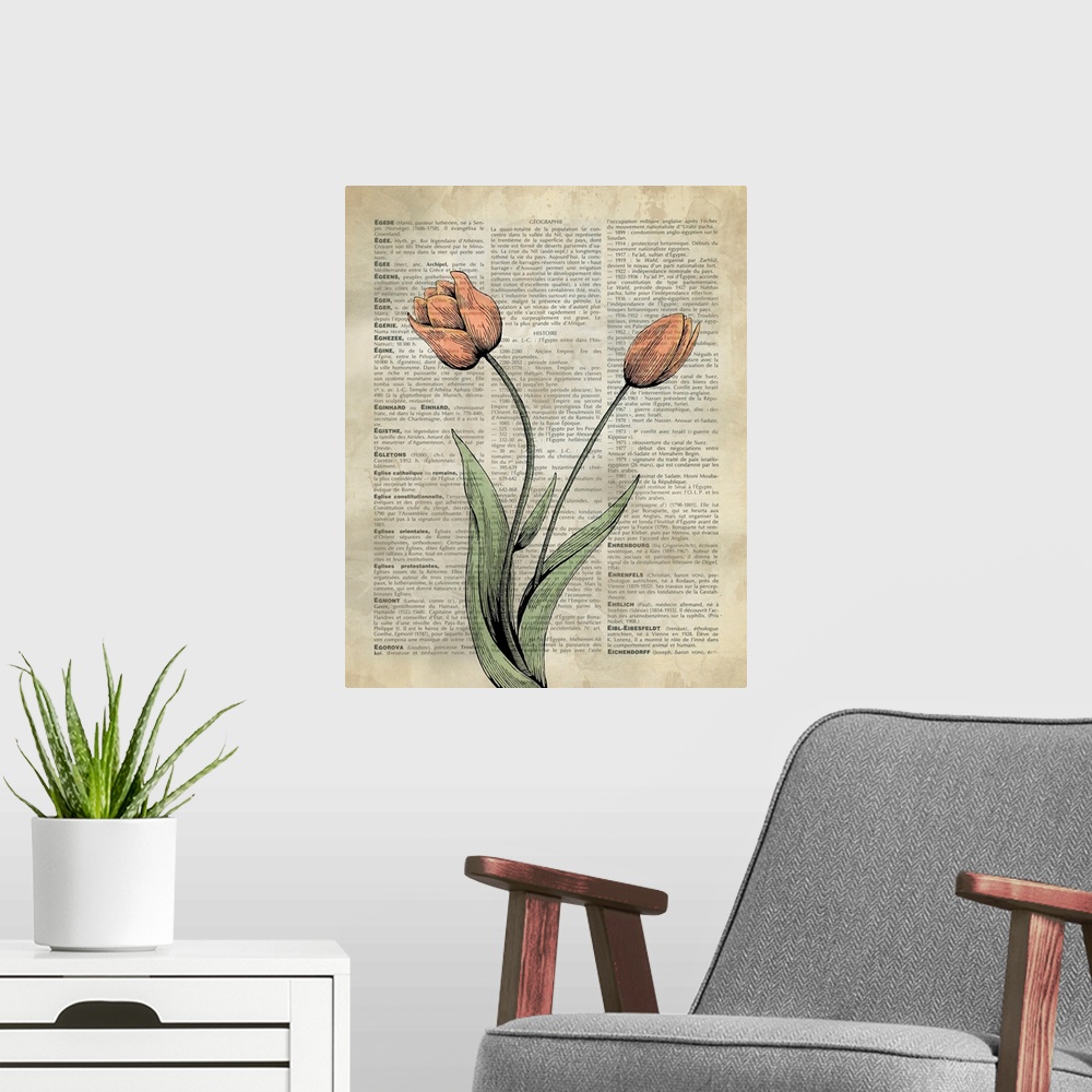 A modern room featuring Vintage Dictionary Art: Tulips