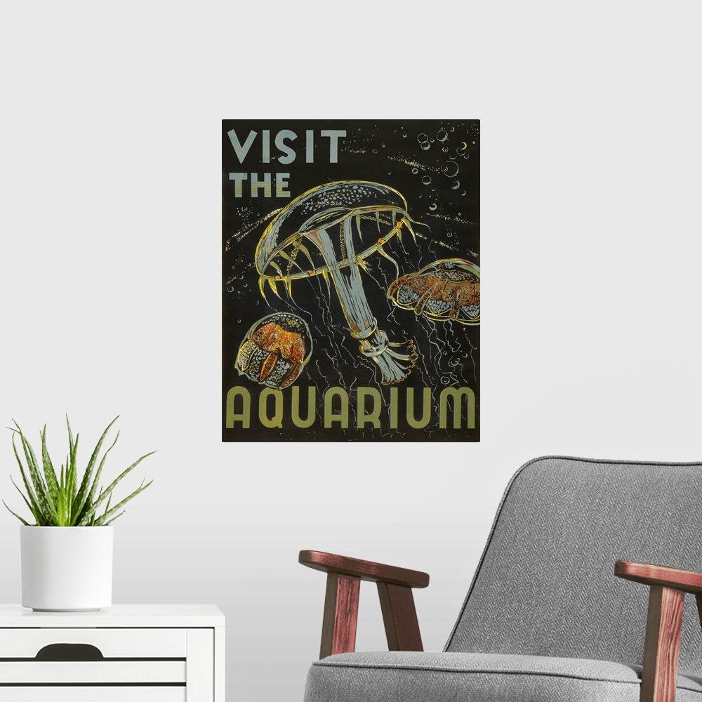 A modern room featuring Visit the aquarium. Poster promoting aquariums as places to visit, showing jellyfish. Library of ...