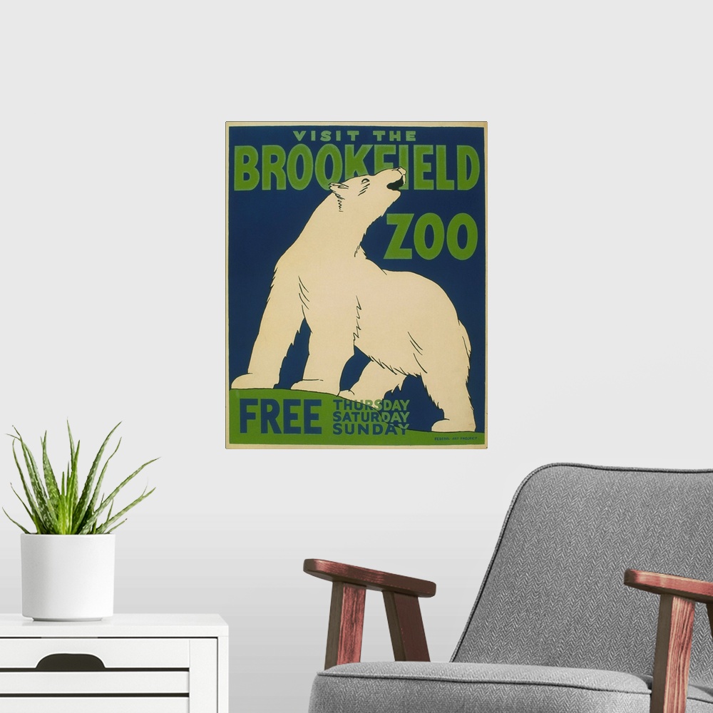A modern room featuring Visit the Brookfield Zoo, free Thursday, Saturday, Sunday. Poster for the Brookfield Zoo announci...