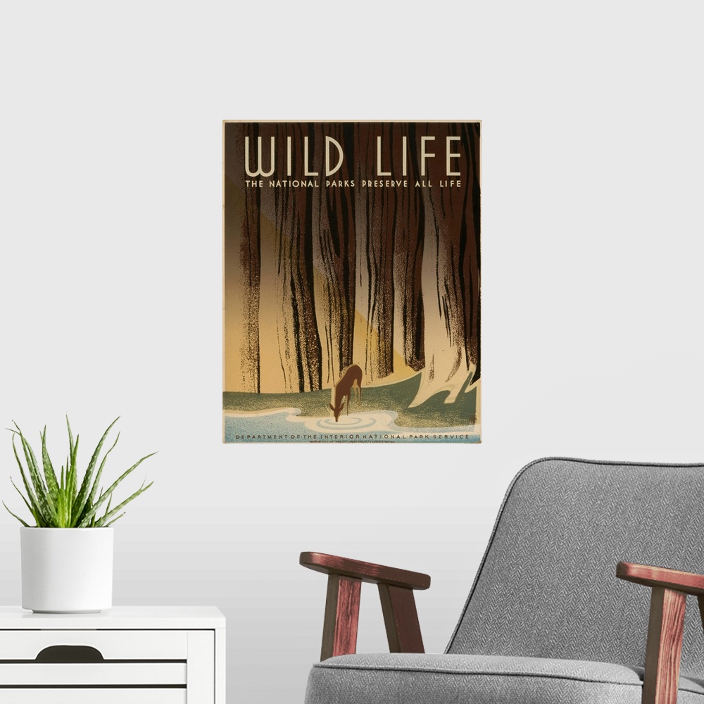 A modern room featuring Artwork for National Park Service, showing a deer drinking from a stream in the forest.