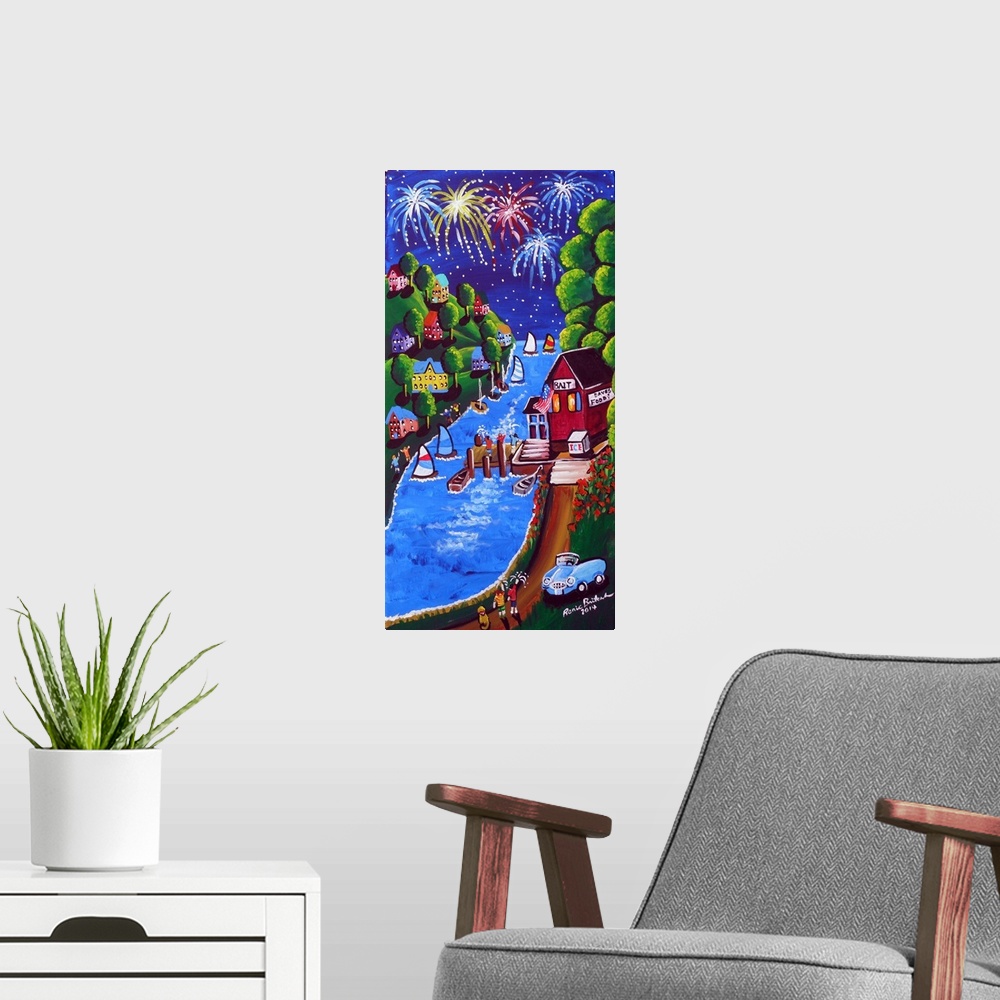 A modern room featuring Panel painting of a 4th of July scene along a river filled with boats and surrounded by houses wi...