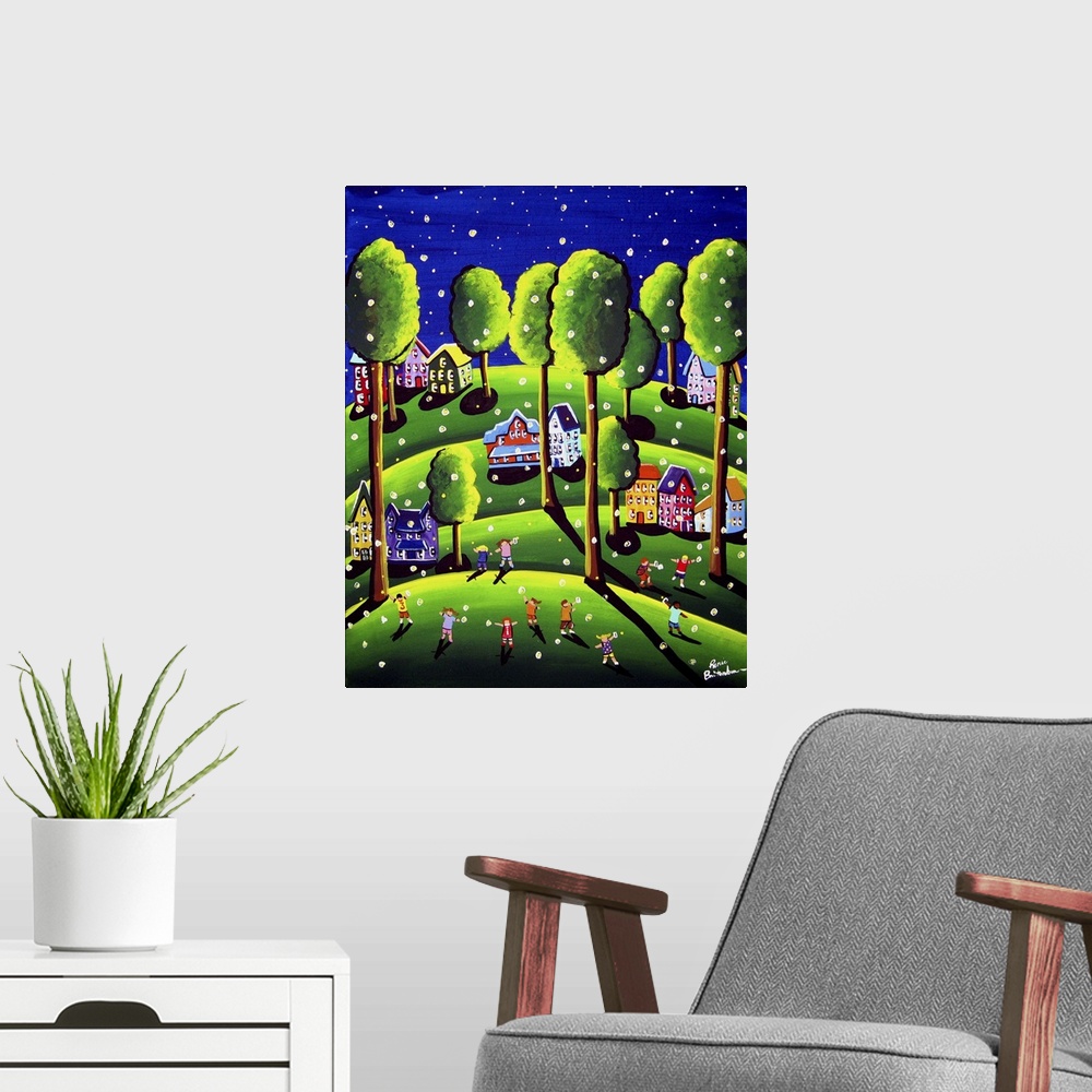 A modern room featuring Whimsical scene with children catching fireflies in front of the neighborhood houses.