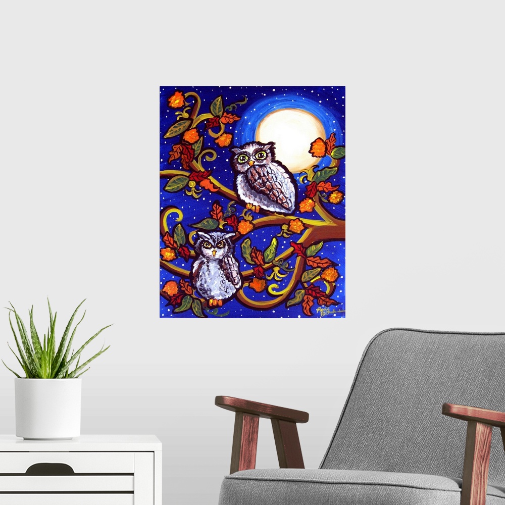 A modern room featuring Two owls sit among some fall leaves, in the moonlight.