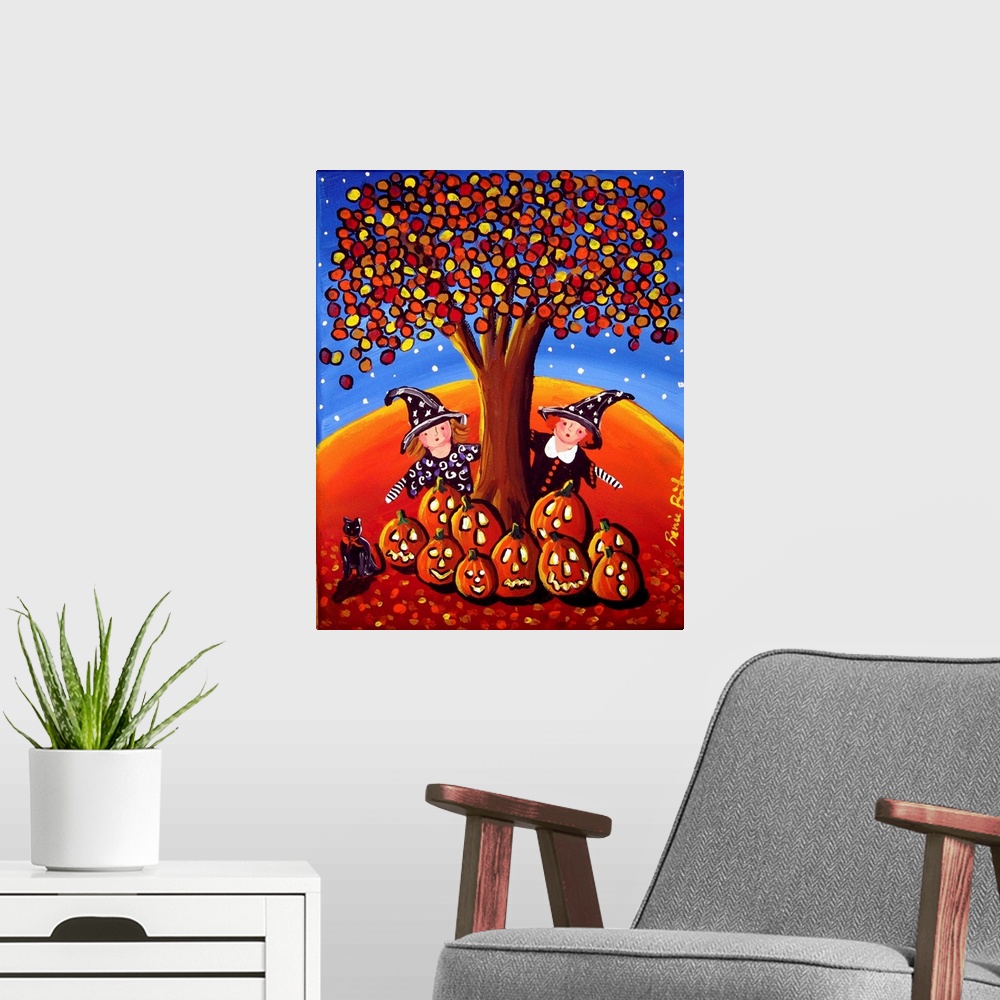A modern room featuring Seasonal painting with two little girls dressed up as witches for Halloween hiding by an Autumn t...
