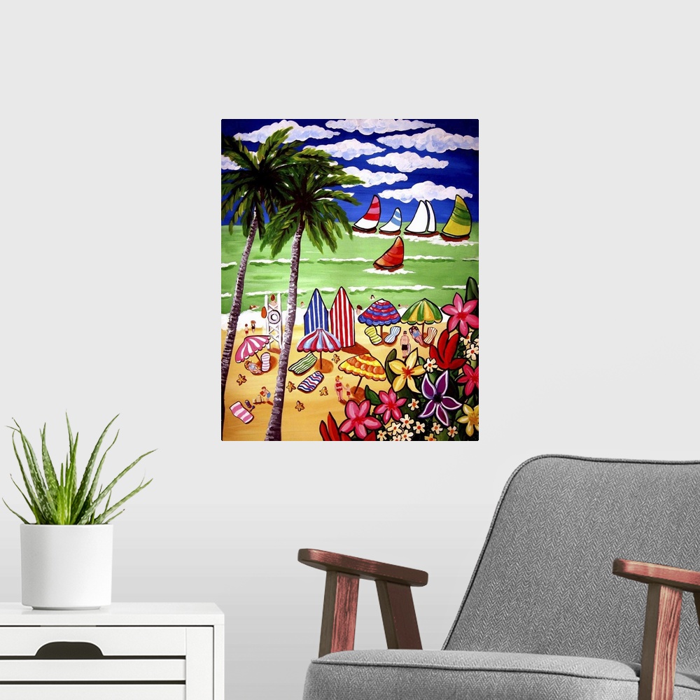 A modern room featuring Lots of color, activity, and fun in a beach scene with sailboats drifting by.