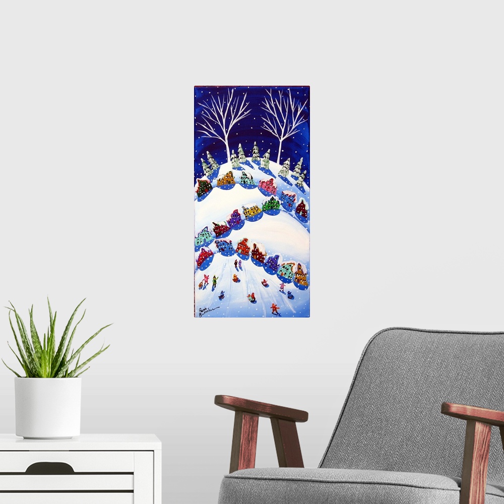 A modern room featuring Winter scene with colorful houses and sled riders.
