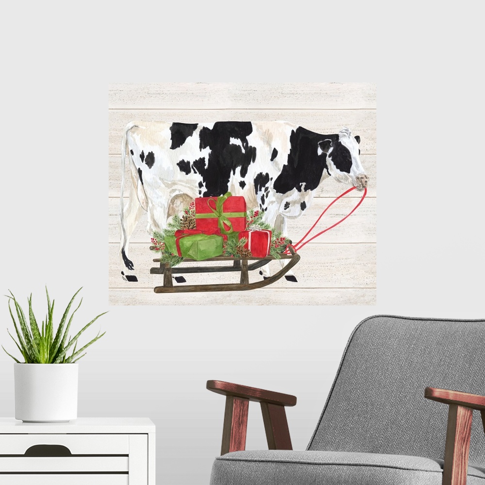 A modern room featuring Christmas on the Farm I Cow with Sled