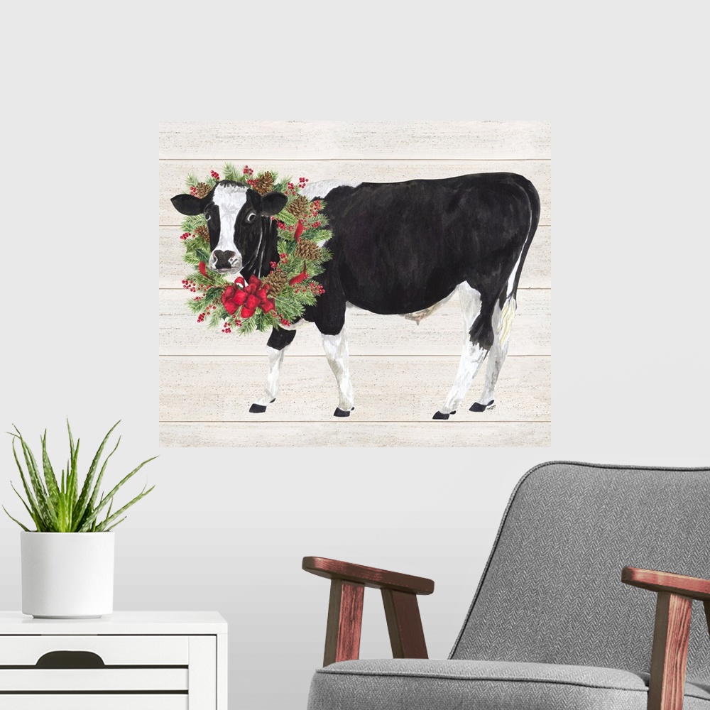 A modern room featuring Christmas on the Farm III Cow with Wreath