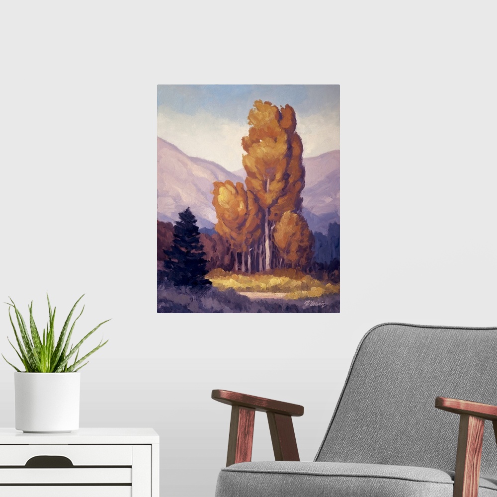 A modern room featuring Landscape painting of trees and mountains with purple tones.