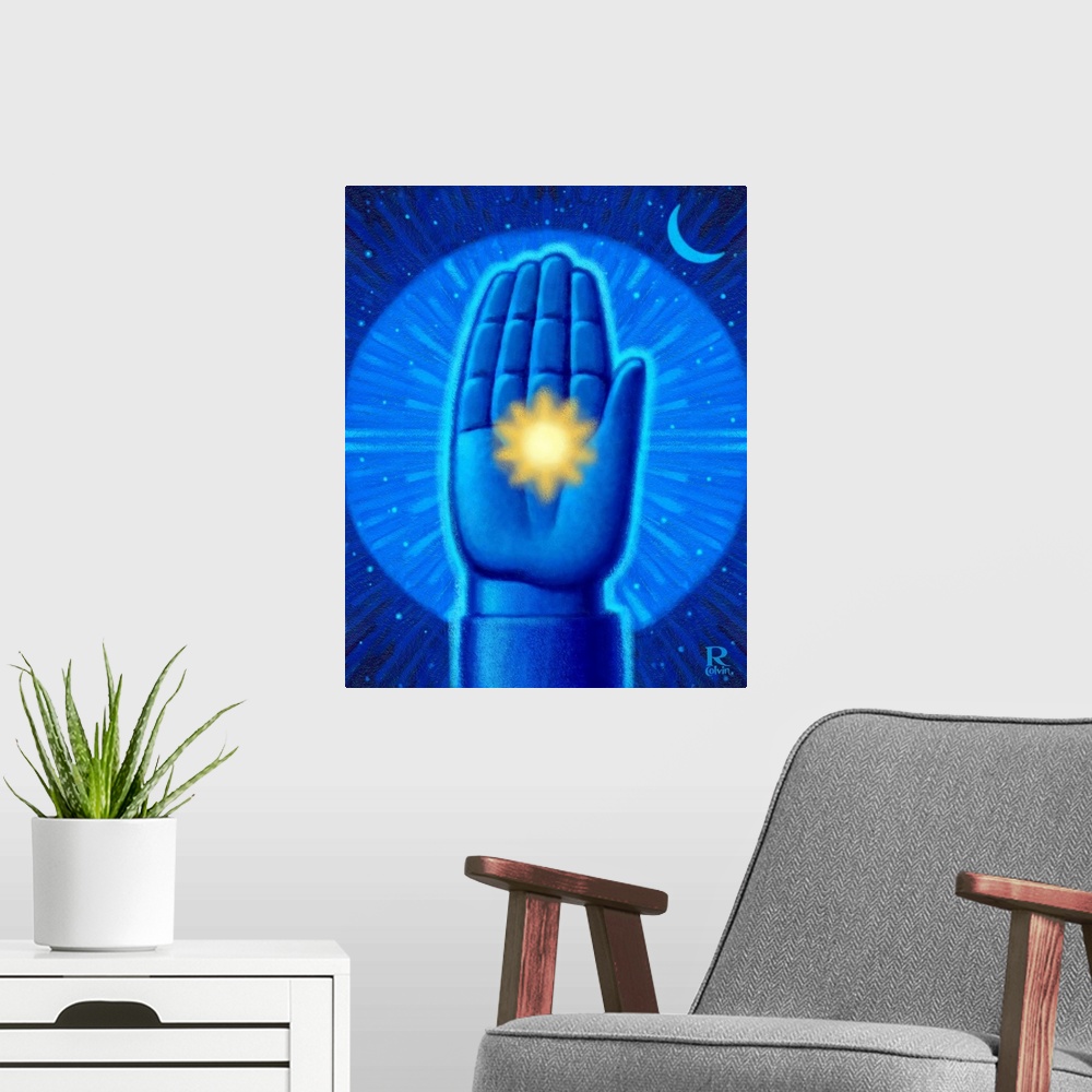 A modern room featuring Digital painting of  hand with light generating from the center.