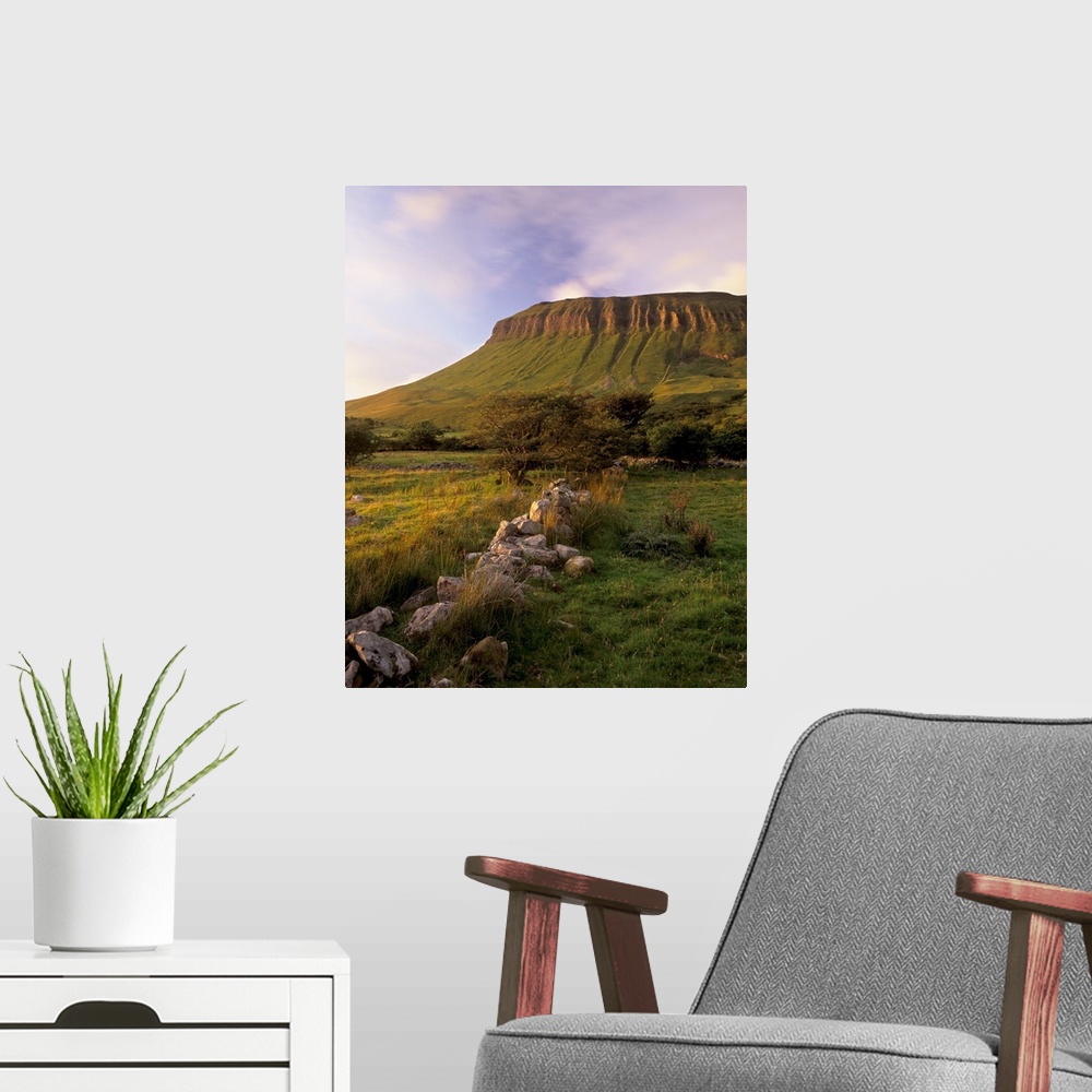 A modern room featuring Characteristic shape of Benbulben at sunset, Connacht, Republic of Ireland