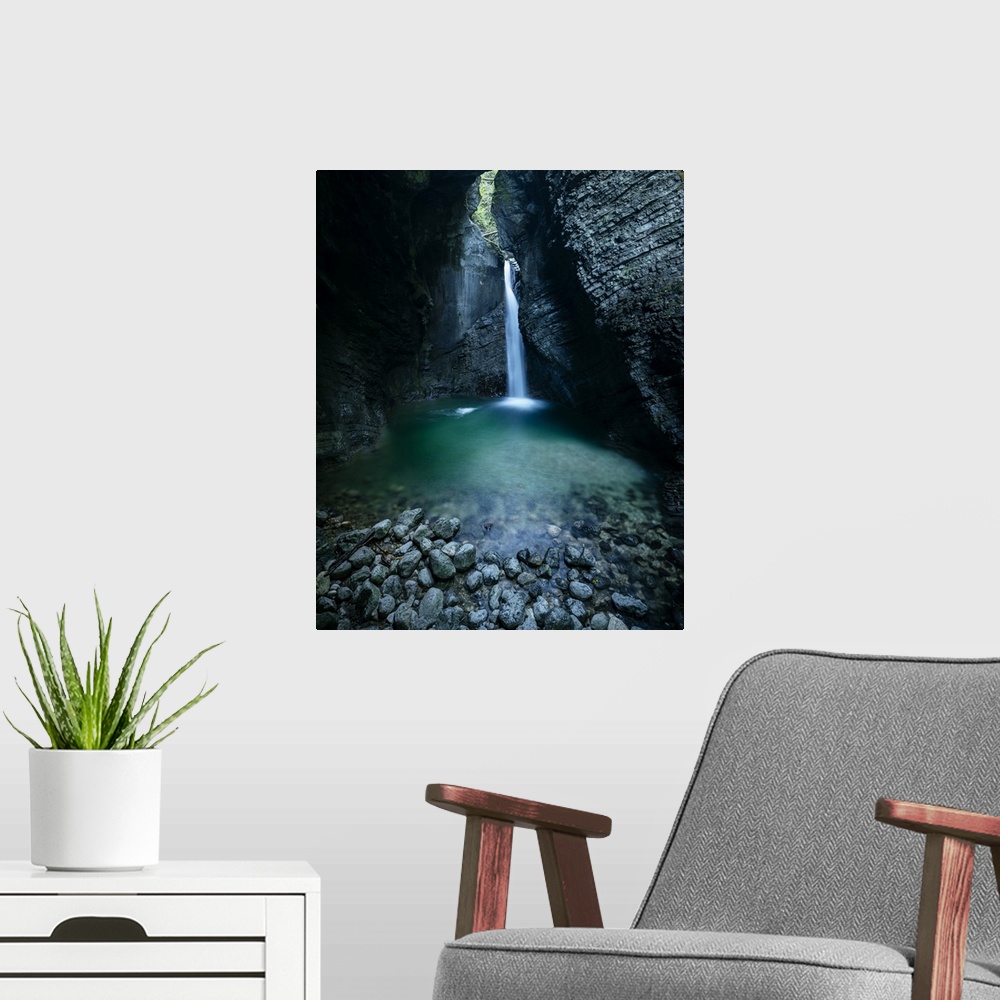 A modern room featuring Kobarid waterfall, Kobarid, Caporetto, Gorizia, Triglav National Park, Upper Carniola, Slovenia, ...