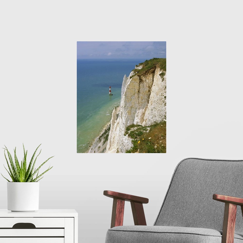 A modern room featuring Lighthouse and chalk cliffs at Beachy Head, near Eastbourne, East Sussex, England