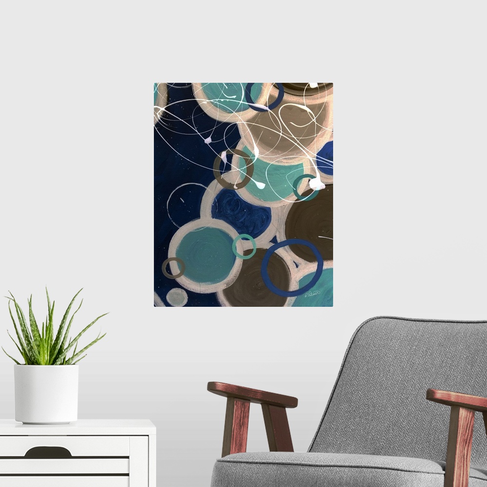 A modern room featuring A contemporary abstract painting using circle and paint drizzle in mute tones.
