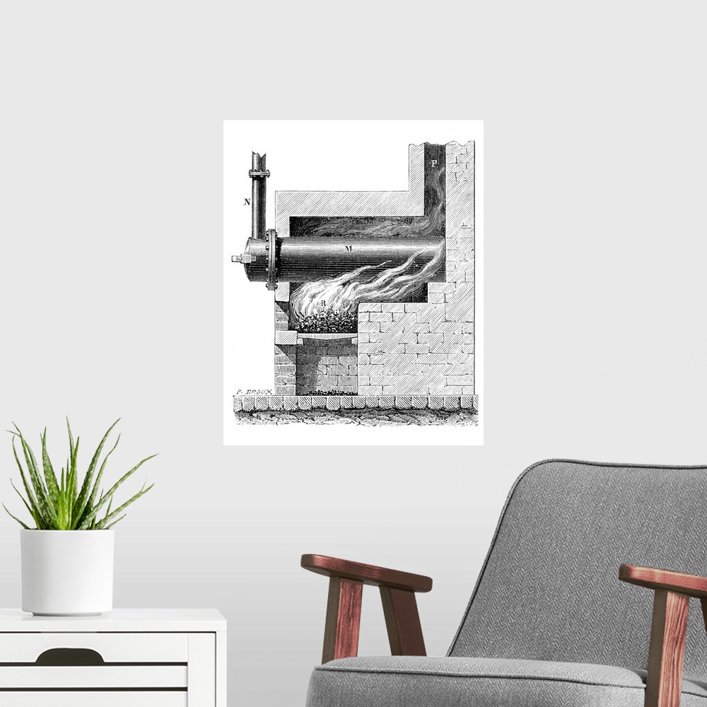 A modern room featuring 19th Century furnace for gas lighting. Historical artwork showing a coal-fired furnace designed b...