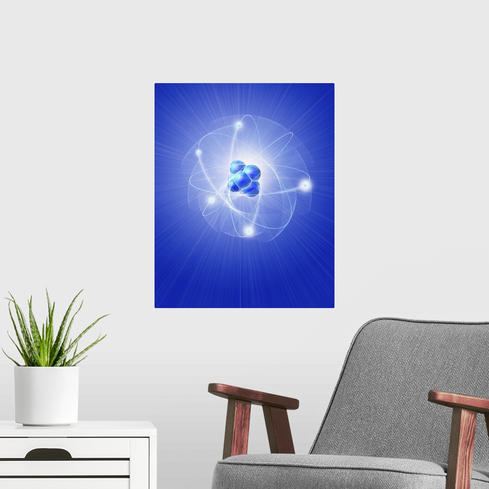 A modern room featuring Atomic structure. Conceptual computer artwork of five electrons orbiting a central nucleus. This ...
