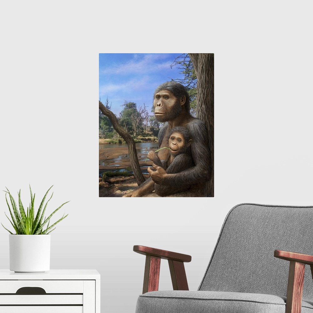 A modern room featuring Australopithecus afarensis. Artwork of a female Australopithecus afarensis hominid with her child...