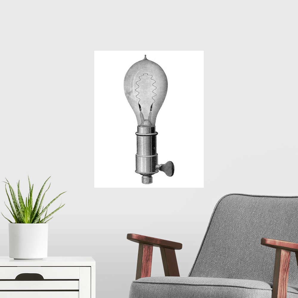 A modern room featuring Light bulb, historical artwork. This is an incandescent light bulb, using a metal filament throug...