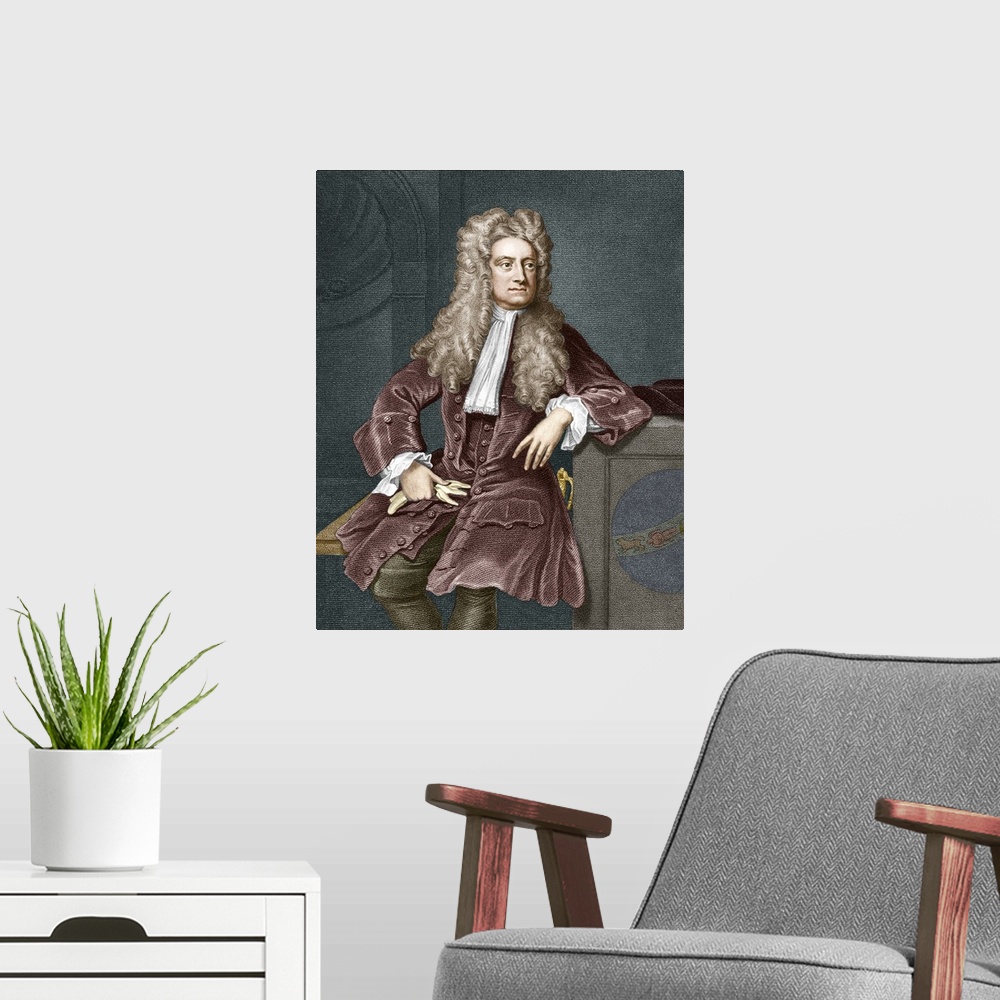 A modern room featuring Sir Isaac Newton (1643-1727), British physicist, mathematician and astronomer. Newton's most famo...
