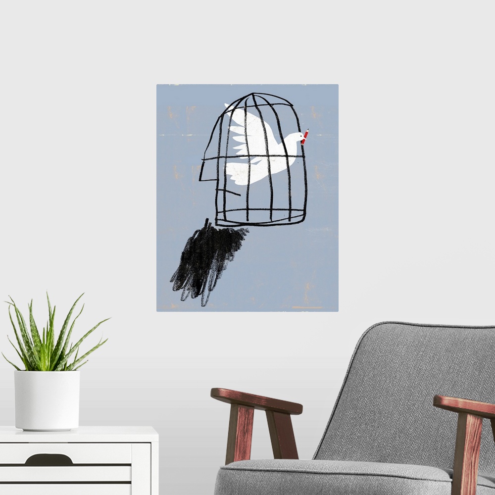 A modern room featuring Writing for peace. Conceptual image of a caged dove with a pencil in its mouth, representing writ...