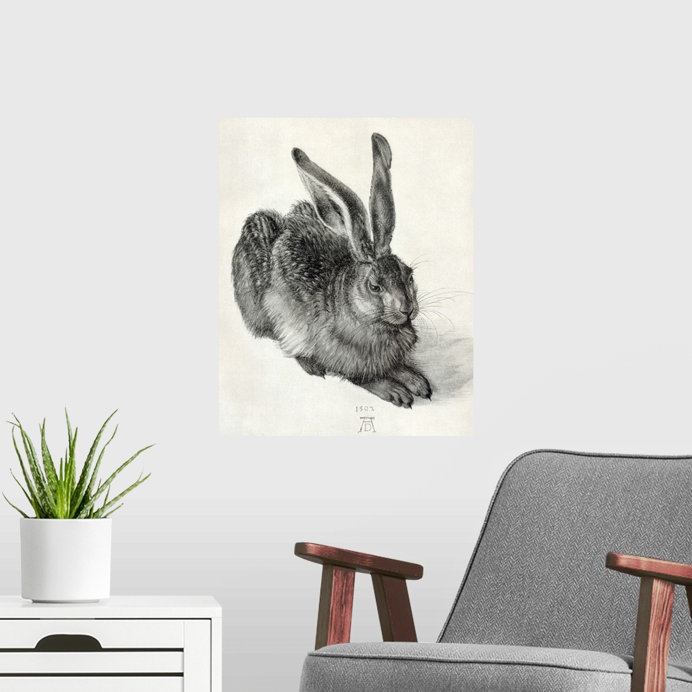 A modern room featuring Durer's Young Hare. Sketch by the German artist Albrecht Durer (1471-1528) of a young hare (1502)...