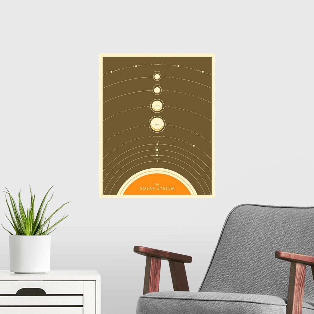 A modern room featuring Retro style illustration of the planets in the solar system lined up on a brown background, with ...
