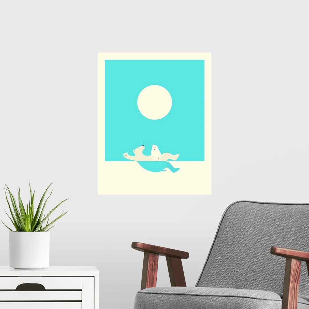 A modern room featuring Minimalist illustration of a polar bear swimming on its back with its child on its stomach, in br...