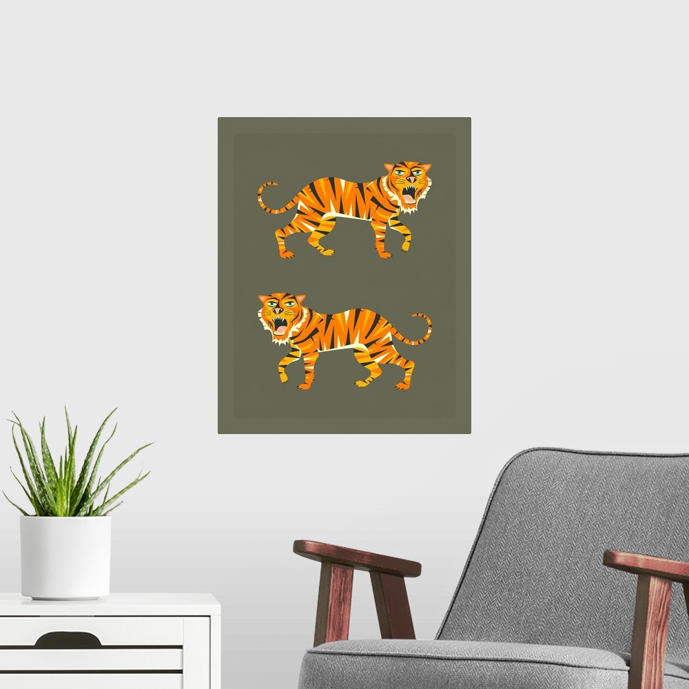 A modern room featuring Illustration of two striped tigers with their mouths open, showing their teeth, on a dark gray ba...