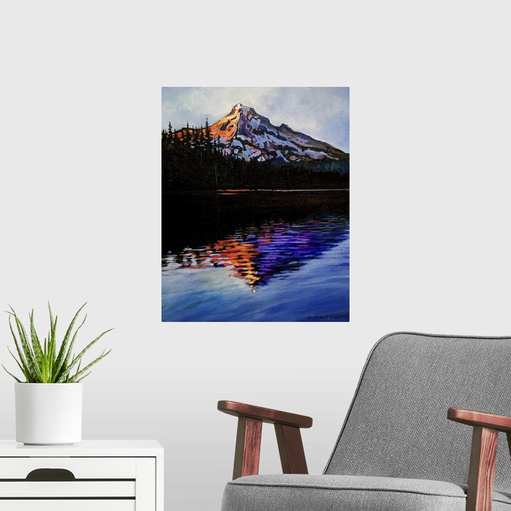 A modern room featuring This is beautiful Mountain in Oregon, reflecting into Lost Lake. The bright warm colors on the co...