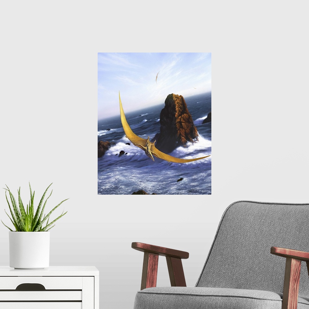 A modern room featuring A Pteranodon soars above the ocean and rocks.