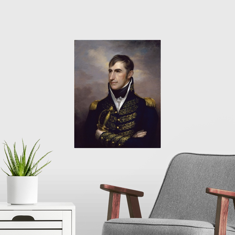 A modern room featuring American history painting of President William Henry Harrison.