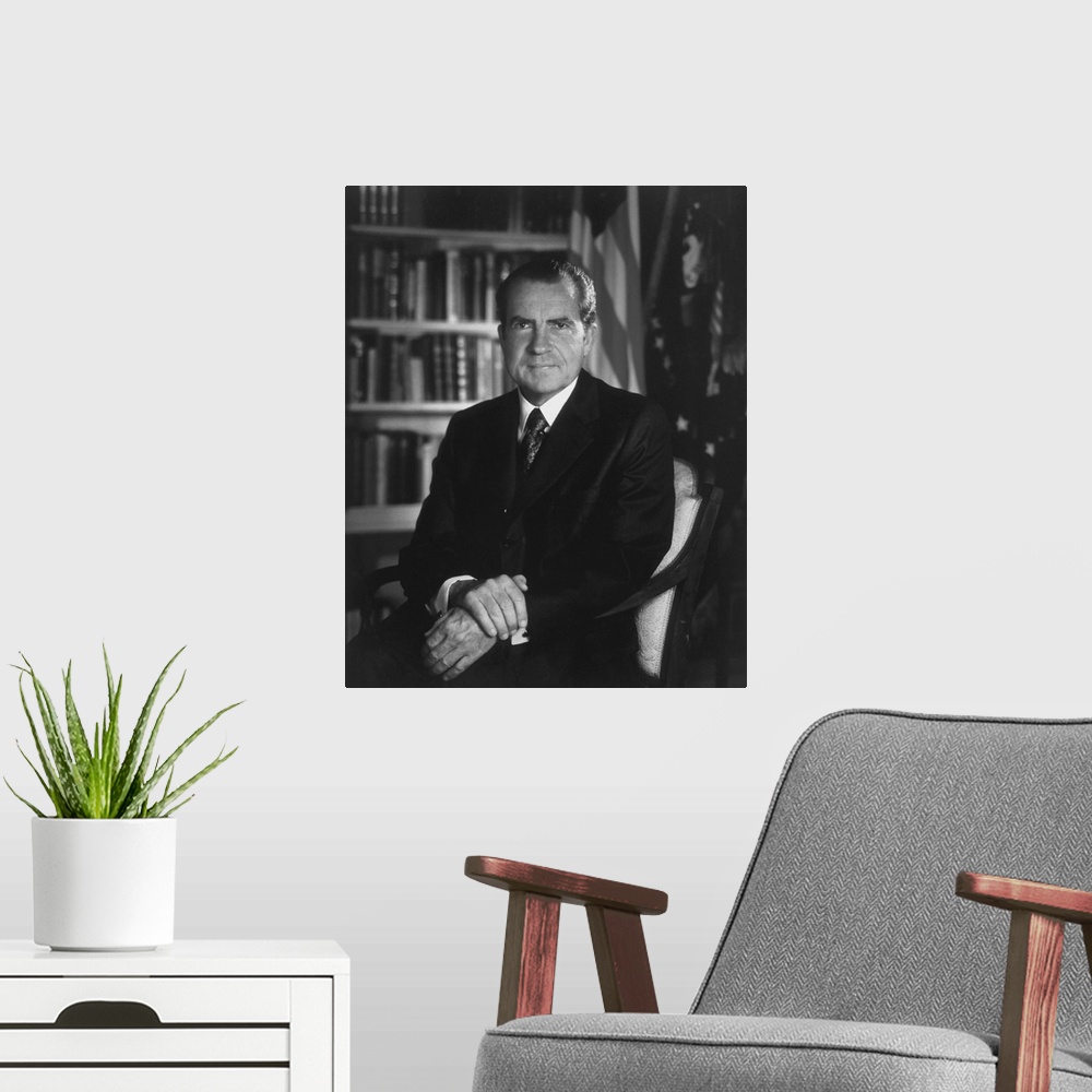 A modern room featuring American history portrait of President Richard Nixon.