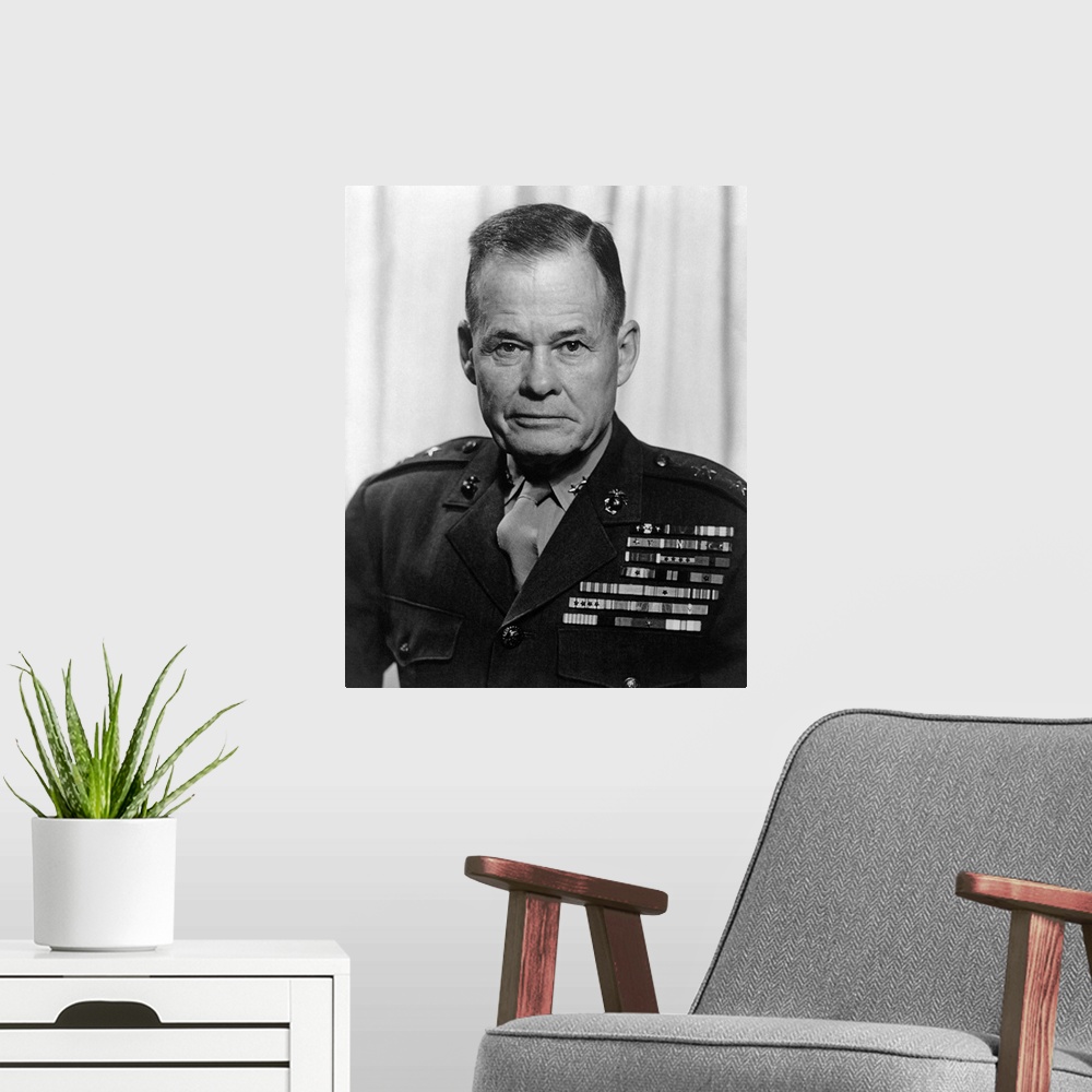 A modern room featuring American military history portrait of Lt. General Lewis Chesty Puller.