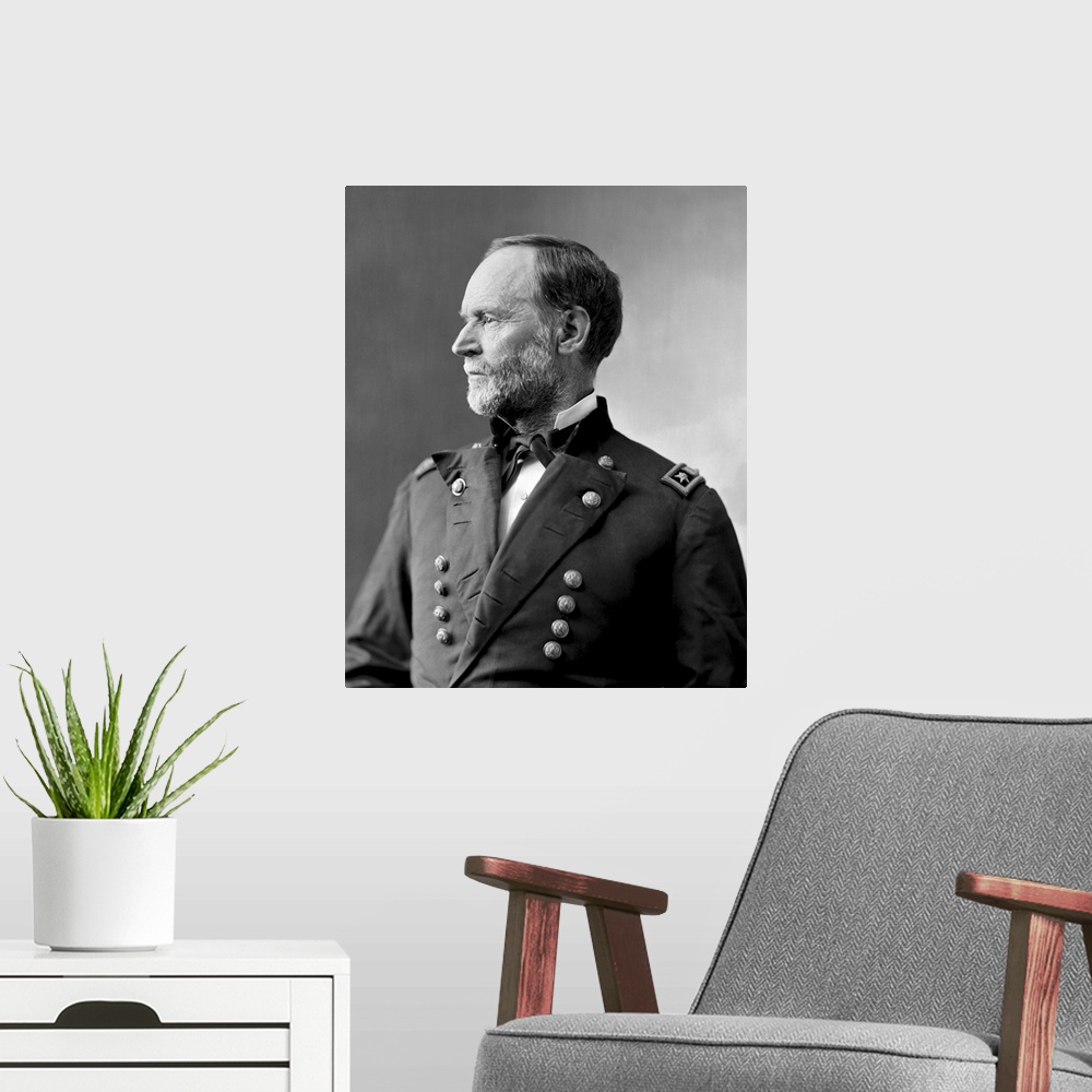 A modern room featuring Civil War portrait of American General William Tecumseh Sherman.