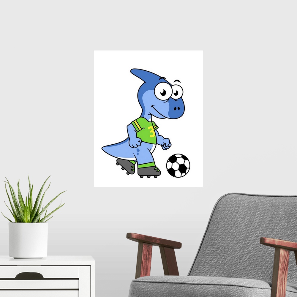 A modern room featuring Cute illustration of a Parasaurolophus playing soccer.