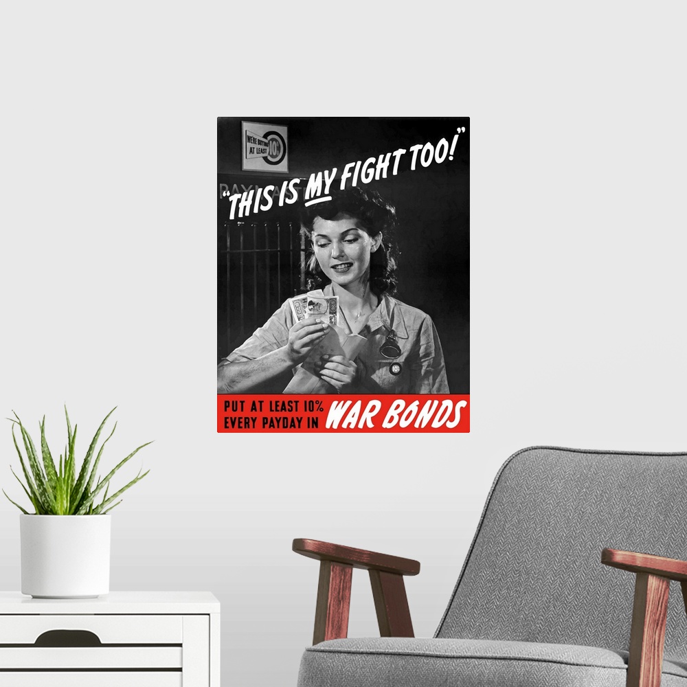 A modern room featuring Digitally restored vector war propaganda poster. This vintage World War II poster features a fema...