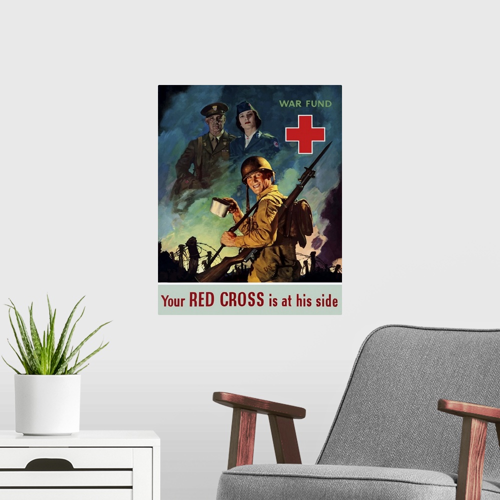 A modern room featuring Digitally restored vector war propaganda poster. This vintage World War Two poster features a smi...