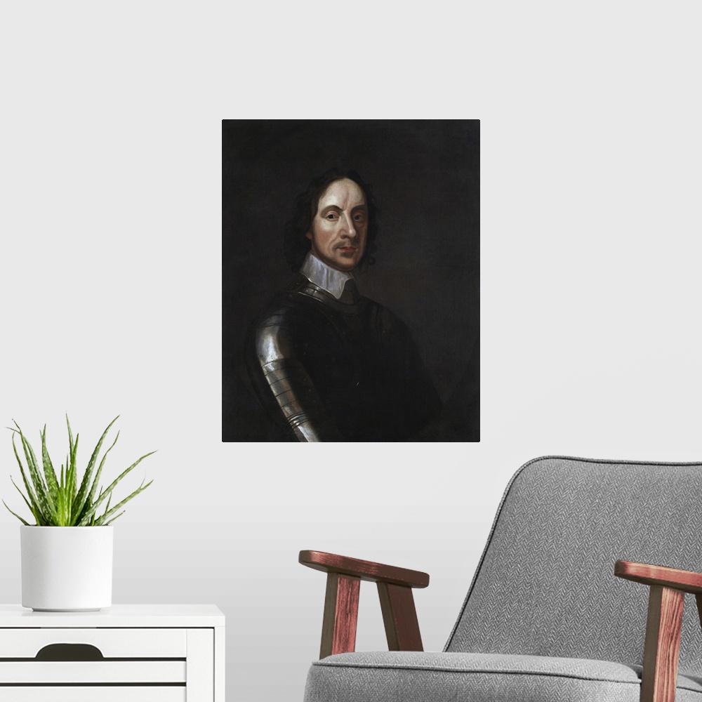 A modern room featuring Painted portrait of English Military and Political leader Oliver Cromwell.