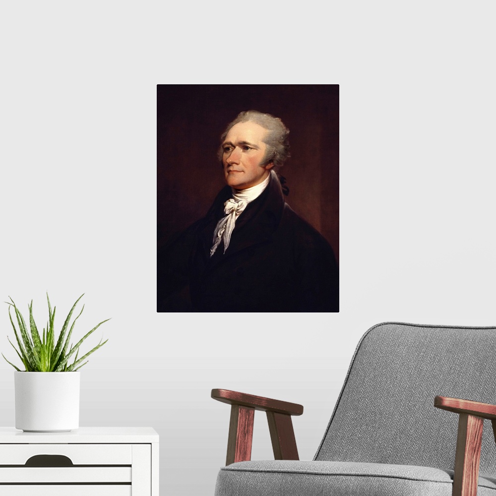 A modern room featuring Painting of founding father Alexander Hamilton.