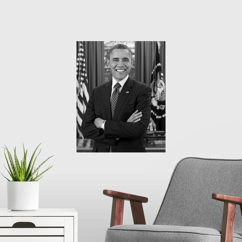 A modern room featuring Portrait of Barack Obama, 44th U.S. President, who was the first African American to occupy the o...